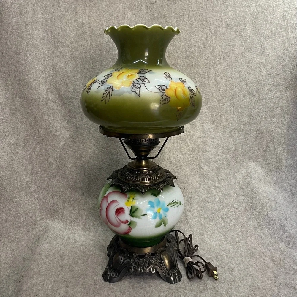 Vintage Green‎ Floral Hurricane Lamp 3-Way Turn Key 21inches